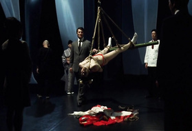 Грудастая азиатка в бондаже трахается с хозяином после пыток